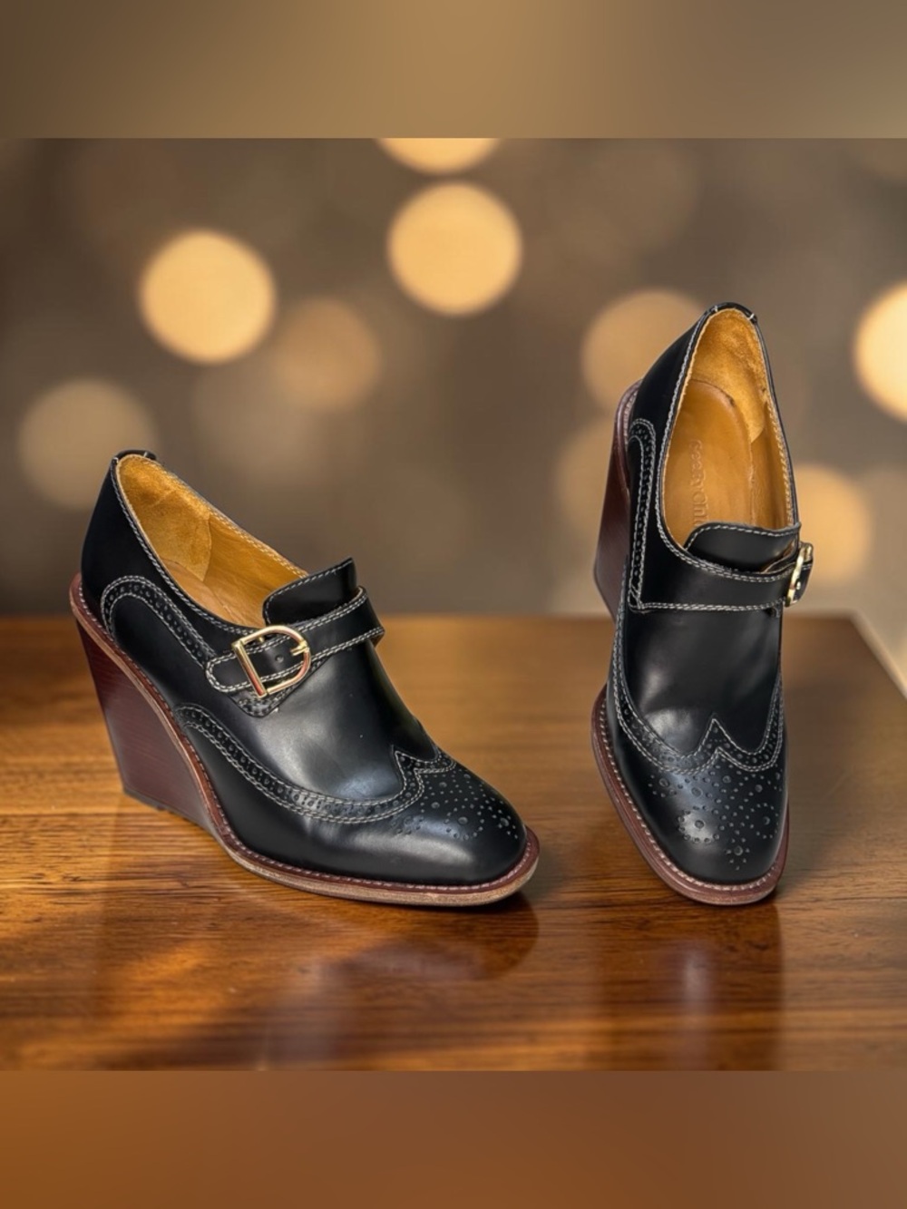 See By Chloe Black Leather Brogue Oxford Loafers Pumps 4” Wedge Wood Grain Heels